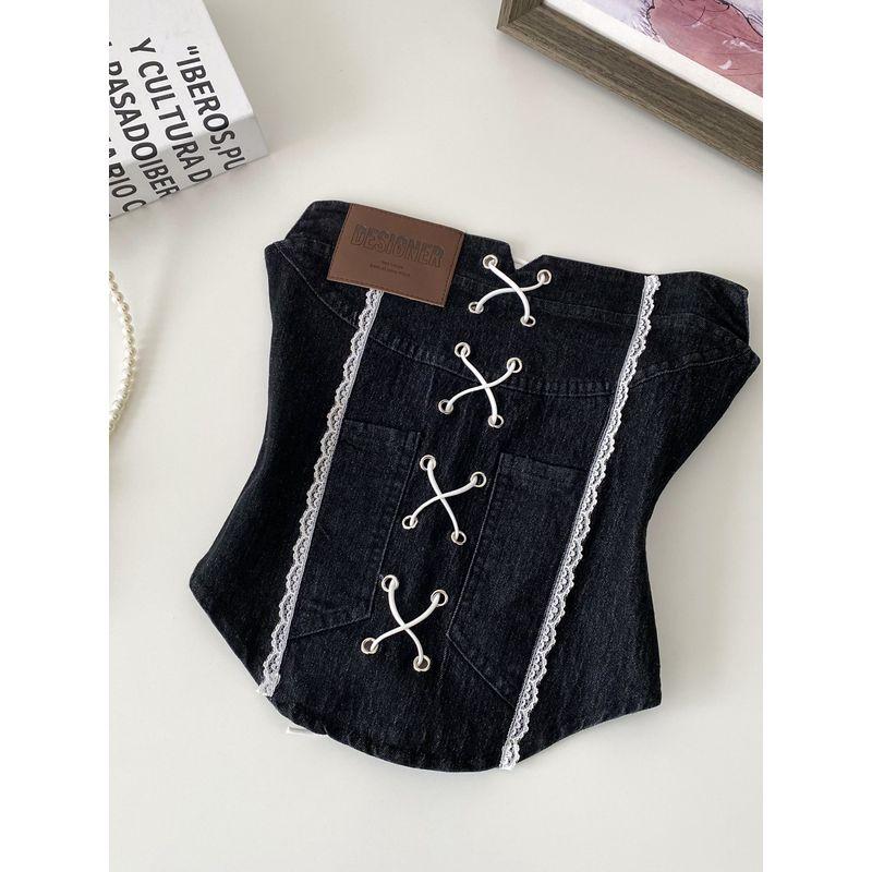 American vintage Gyaru Lace Stitching Denim Tube Top Women Summer Pure Want Bandage Waist Hugging Slim fit Sleeveless Vest
