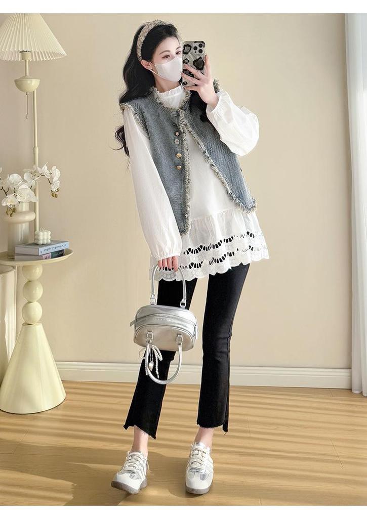 Spring 2026 Tassel Denim Vest & Korean Lace Patchwork Shirt Two-Piece Set
