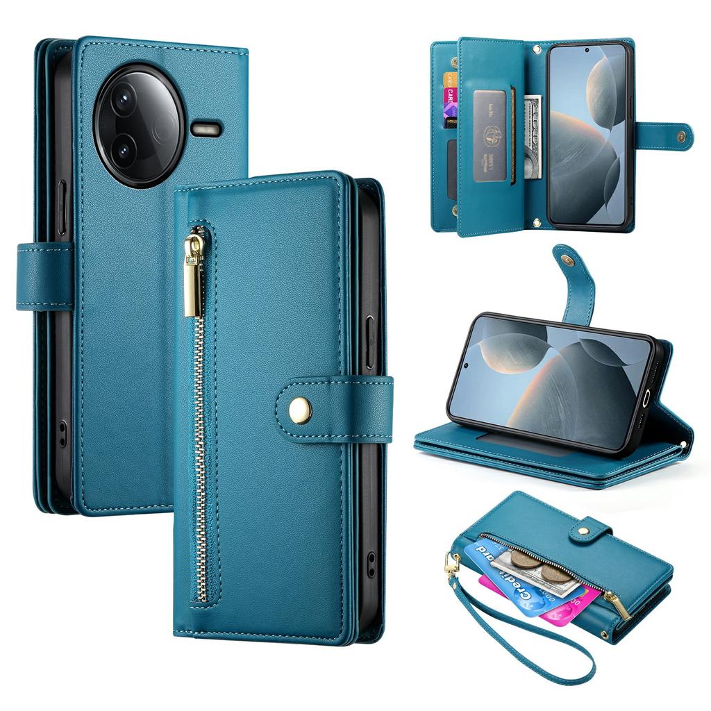 DF-011 For Xiaomi Redmi K80 5G/Poco F7 Pro 5G Case Zipper Pocket Wallet Leather Phone Cover with Straps