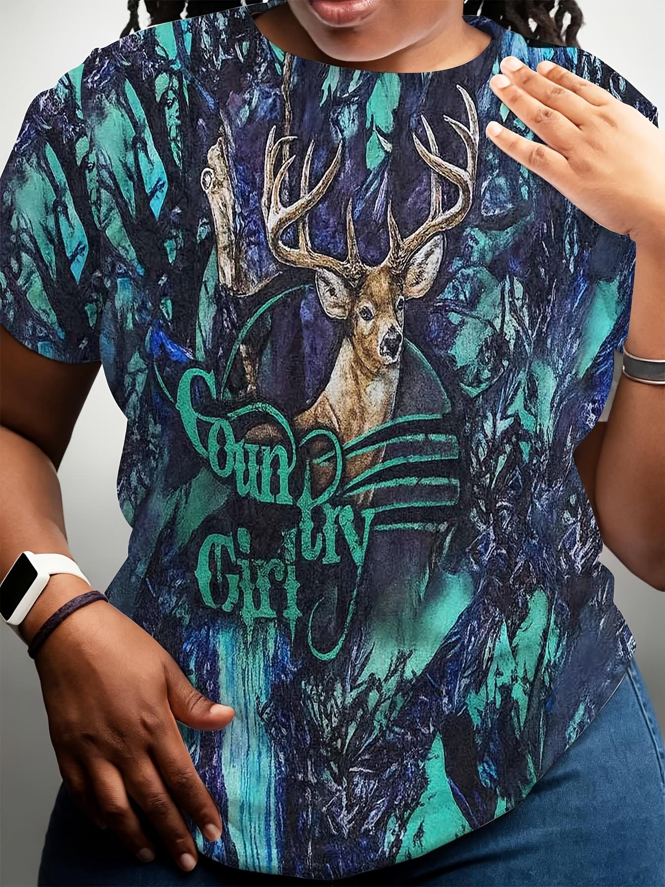 

Teal ; Navy Deer Woodland Print Short-Sleeve T-Shirt - Round Neck Casual Summer Blouse Top. Slightly Stretchy Suitable for Outdoor. Machine Washable f S дубильная кора