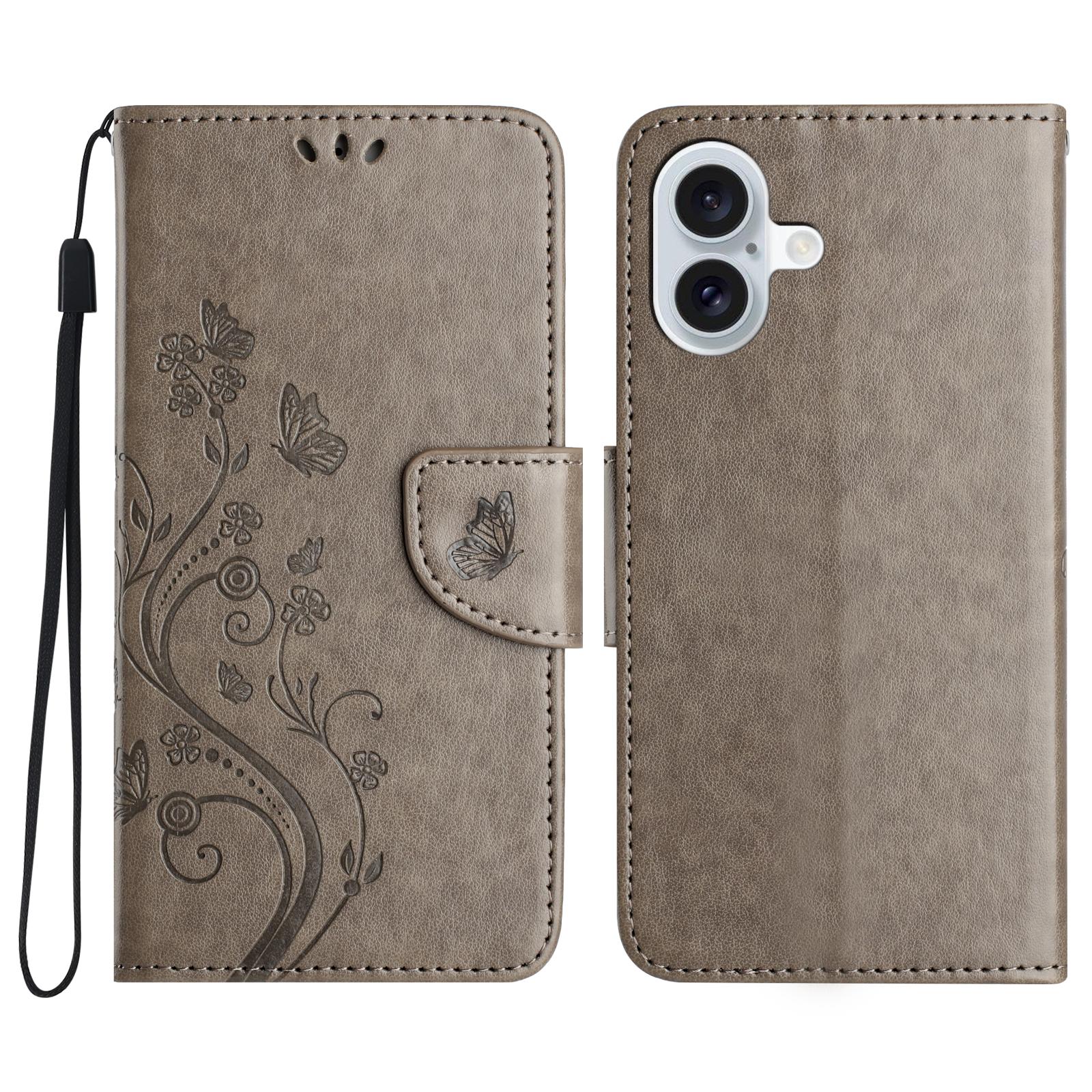 For iPhone 16 Plus Leather Case Butterflies Flower Pattern Wallet Stand Phone Cover E