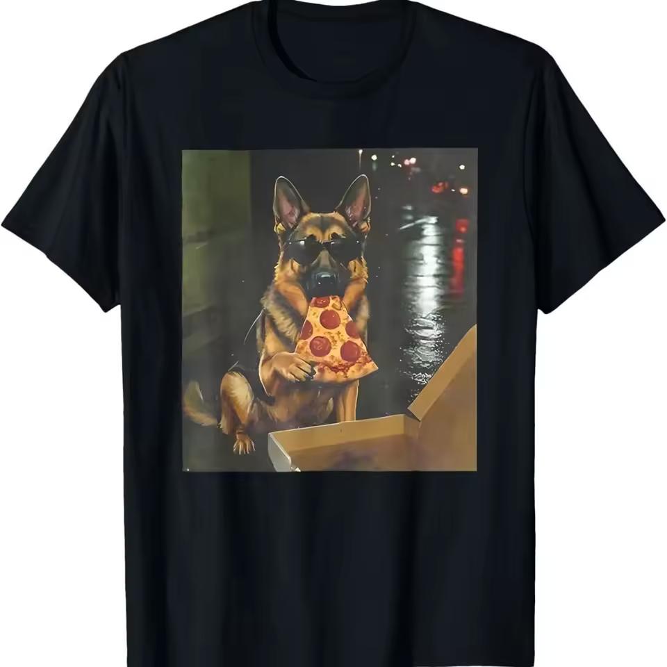 German Shepherd Dog Eating Pizza T Shirt Cool Sunglasses Dog Graphic Tee Men Women Casual Streetwear Short Sleeve Tops