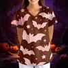 Women's Halloween Print Loose V-Neck Short Sleeve Pocket Uniform Top Scrub Costume Cosplay for Adult Women