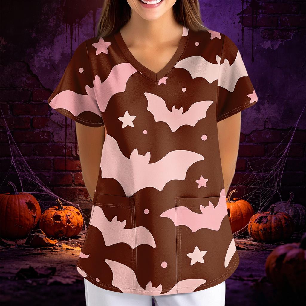 Women's Halloween Print Loose V-Neck Short Sleeve Pocket Uniform Top Scrub Costume Cosplay for Adult Women
