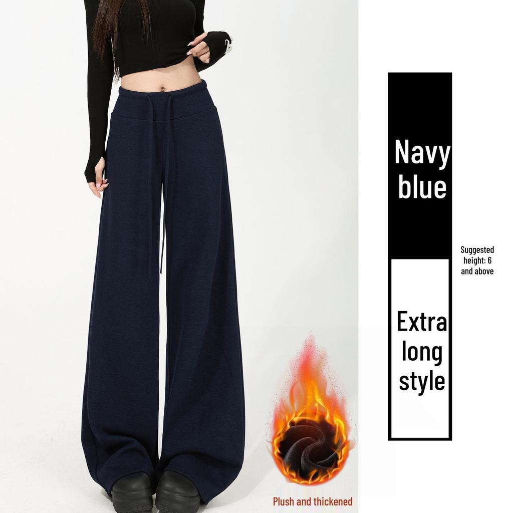 Light Gray Plus Velvet Wide-Leg High Waist Slimming Pants - Women's Autumn/Winter Japanese Korean Style