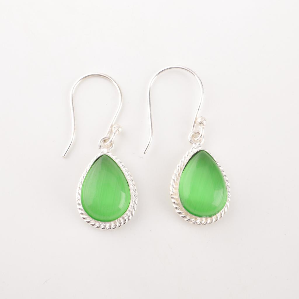 Green Cat's Eye Gemstone 925 Sterling Silver Jewelry Light Weight Earrings 1.40" EE-9-43
