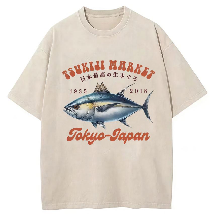Funny Fish Japanese Tsukiji Market Vintage Washed T Shirts Unisex Women Summer Fashion Cotton Short Sleeve Tshirt Streetwear