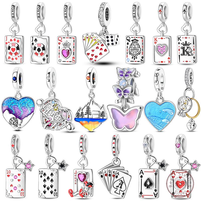 New Copper Poker Card Pendant Beads Black Spade 10-A Royal Flush Red Heart 10-A Charm For Bracelet Woman Jewelry