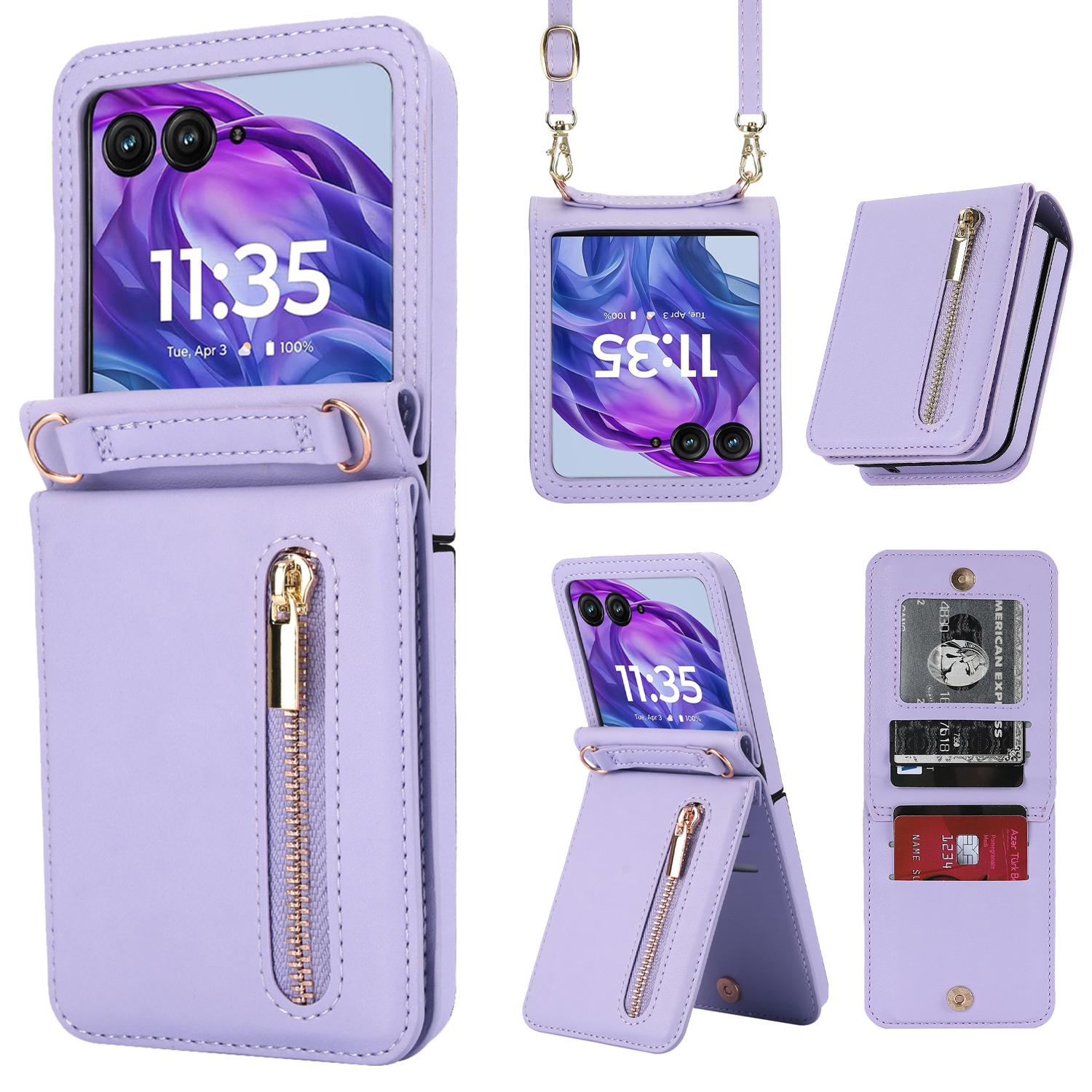 

Crossbody Cards Solt Zipper Wallet Leather Phone Case For Motorola Razr 50 Ultra Cover With Lanyard Card Holder Bag Funda Coque Moto Razr 50Ultra фіолетовий