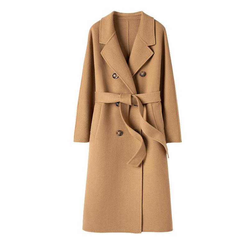Women's Extra Long Double-Breasted Wool Coat with Tie Waist - Autumn/Winter Collection
