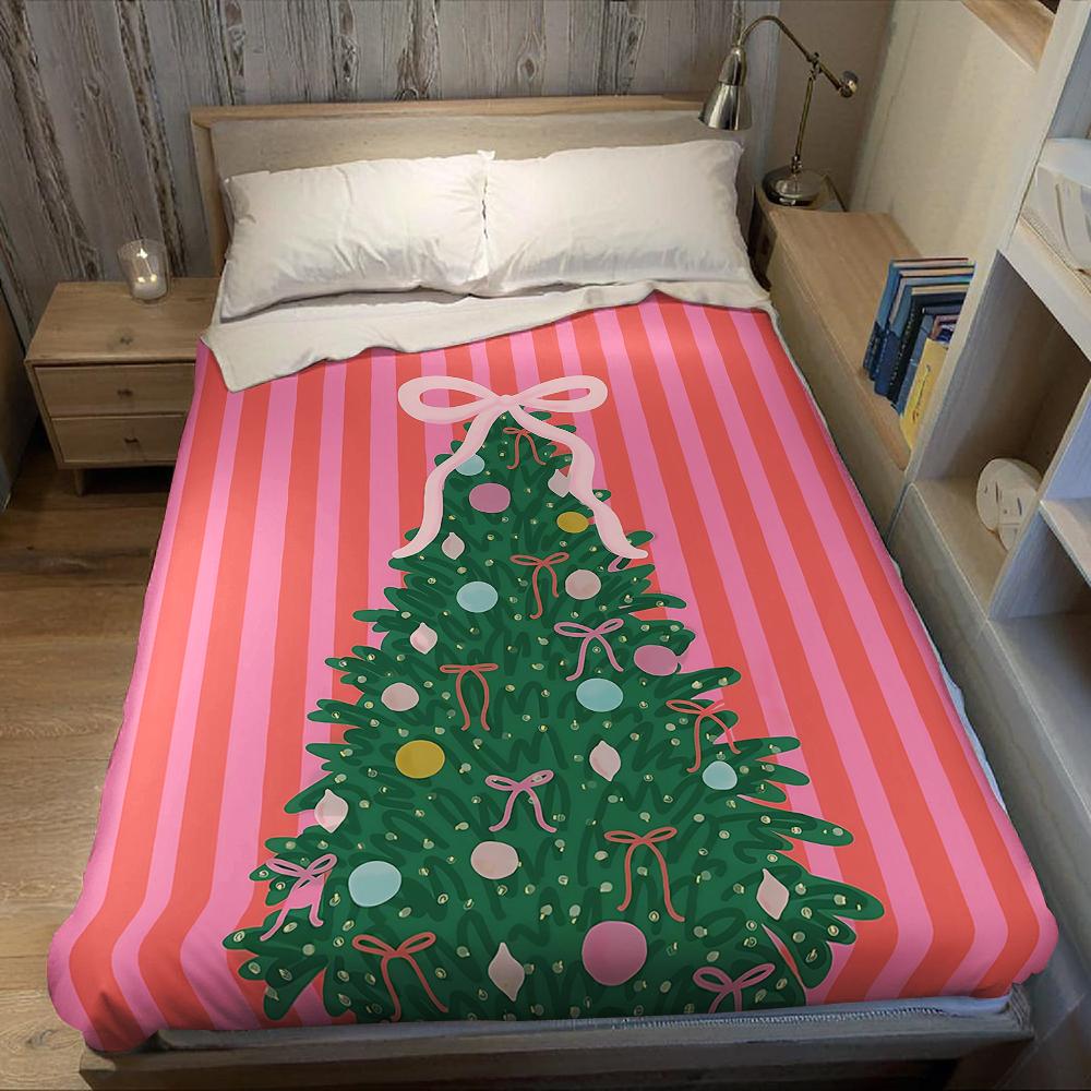 Red Striped Christmas Tree Flannel Blanket Warm Soft Halloween Christmas Couch Warm Cozy Decorative Decor Gift For All Season