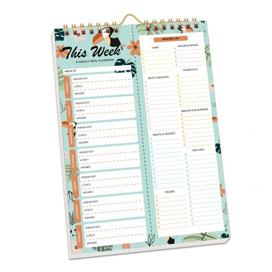 52týdenní odtrhávací jídelní plánovač, spirálová vazba, odnímatelný nákupní seznam, nedatovaný blok pro plánování menu do kuchyně