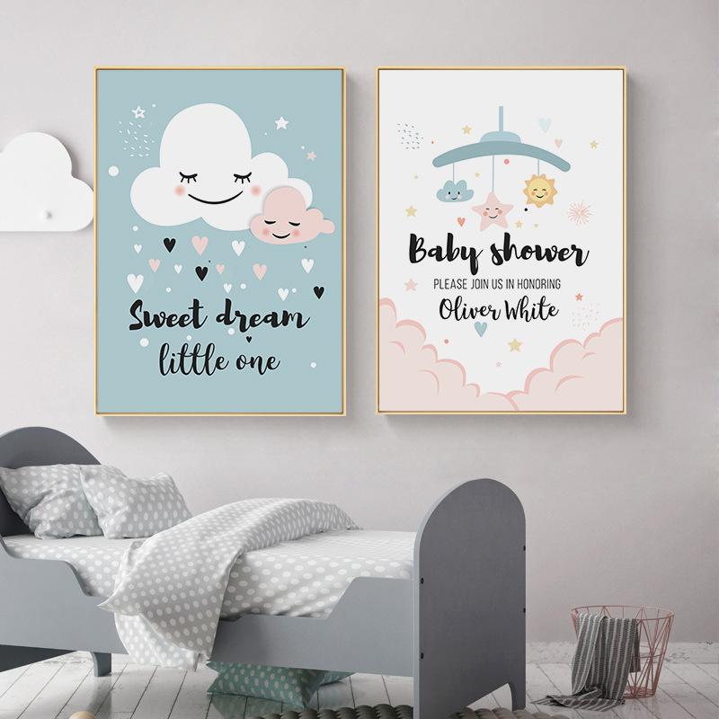 Modern Kindergarten Children's Room Canvas Cartoon Painting Clouds Moon Star Space Love Decorative Painting Kids Wall Art