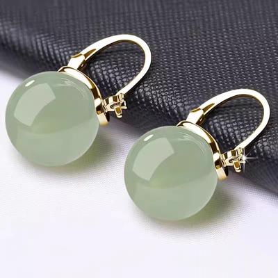Elegant Imitation Jade Hoop Earrings for Women Green Round Beads Ear Buckle Banquet Jewelry