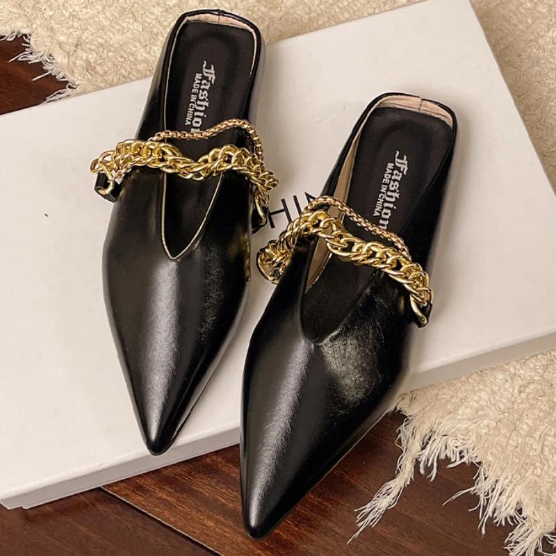 Fashion Pointed Toe Women's Slippers Chain Flats Fashion Mules Shoes Summer Woman 2025 New Designer Sandals Cozy Walking Chaussure Femme