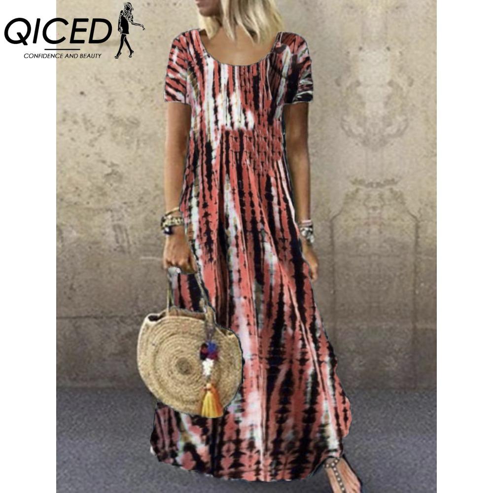 QICED S-5XL Women Fashion Summer Spring Casual Short Sleeve O-Neck Dresses