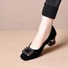 Square head shallow mouth single shoes women's spring new rhinestone square buckle black low-heeled women's shoes