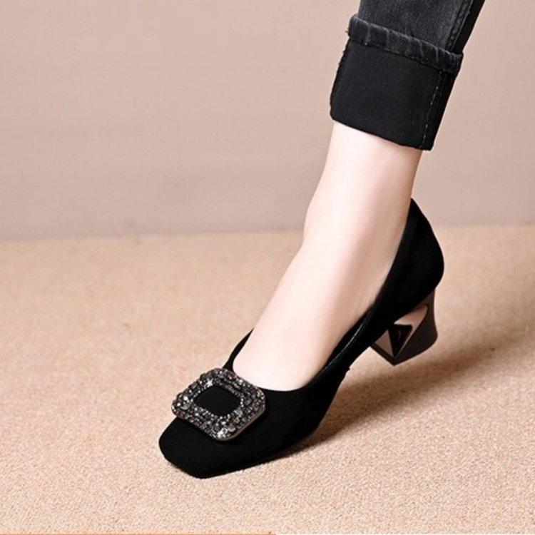 Square head shallow mouth single shoes women's spring new rhinestone square buckle black low-heeled women's shoes