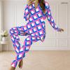 Women Plus Size Printed Half Zip Long Sleeve Longline Top And Fitted Pants Two Piece Set
