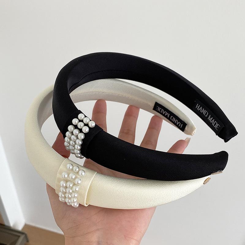 Korean Pearl Satin Headbands for Women Elegant Black White Wide Side Elastic Sponge Thick Headdress Wedding Hair Accessories