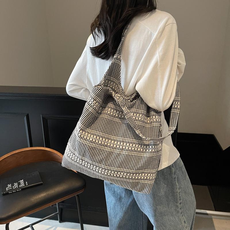 Fashion Plaid Canvas Bag Lazy Wind Underarm Bag Women's New Casual Large-capacity Shoulder Tote Bag