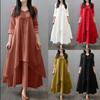 Vestido midi bohemio de verano vintage para mujer, elegante, liso, con capas, manga larga, holgado, cuello en V, informal, ropa de calle