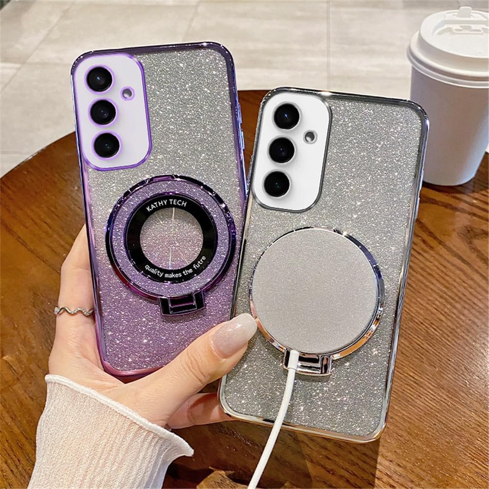 Phone Case for Samsung Galaxy S24 FE Case Glitter Bling Cute Sparkly with Ring Holder Kickstand Soft TPU Slim Clear Protective Case Cover for Samsung