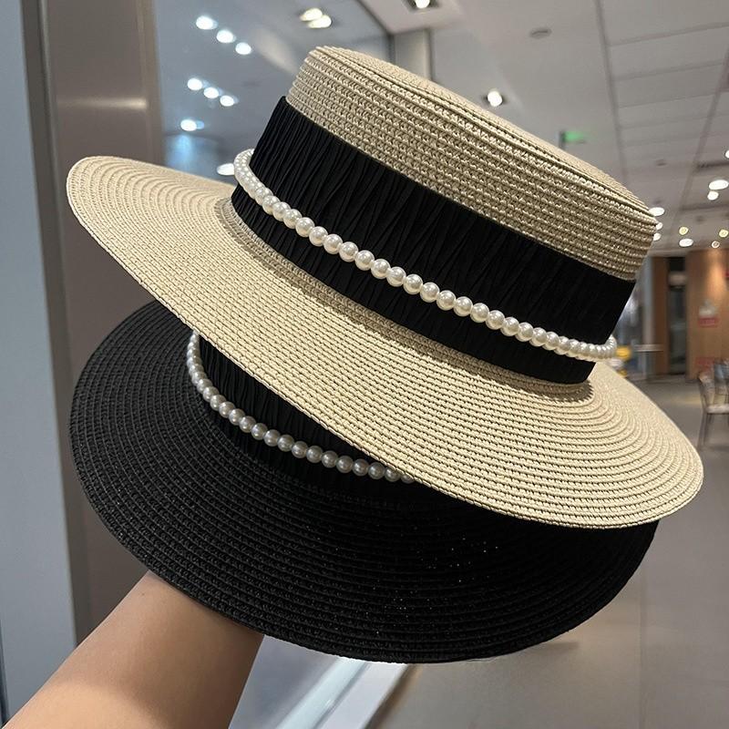 Summer Straw Hat With Pearl Chain And Wide Brim For Beach Sun Protection