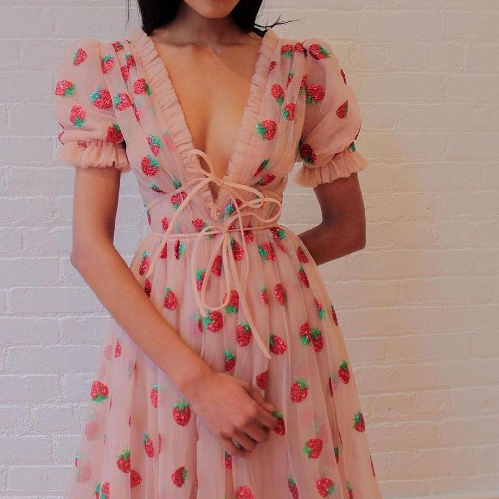 Damen Abendkleid mit Erdbeer-Pailletten-Verzierung, V-Ausschnitt Tüll Schnürung Langes Kleid, Elegantes Sexy A-Linien Ballkleid mit Fließendem Rock