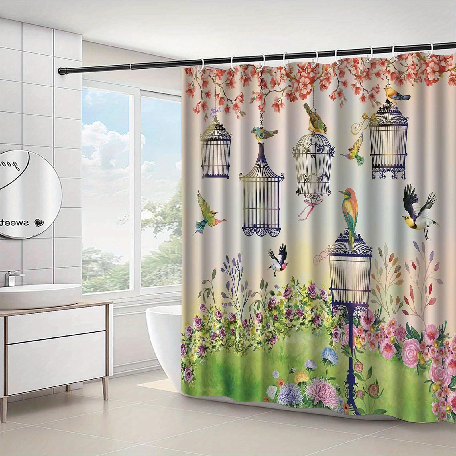 

Elegant Pastoral Birdcage & Floral Shower Curtain, Machine Washable Polyester, Artistic Bathroom Decor, Vibrant Design W60H190(CM)-1 Pcs