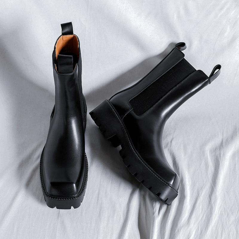 Pánská móda vysoké komínové boty designové boty se čtvercovou špičkou punkové jevištní originální kožené platformové boty dlouhé chelsea boty