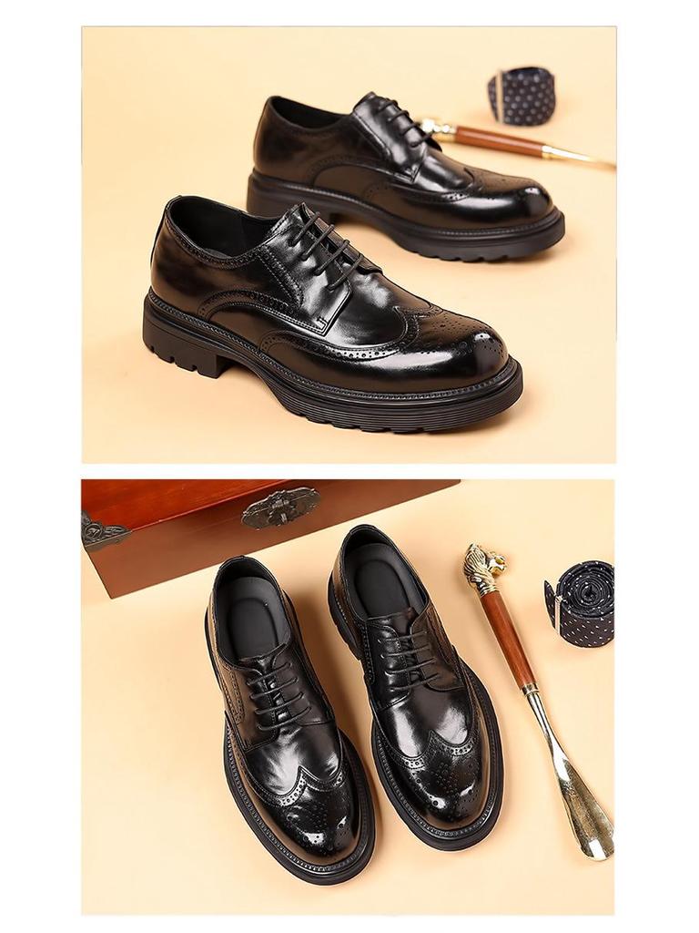 Men's Genuine Leather Brogue Shoes - Formal, Trendy High-end British Style with Thick Soles