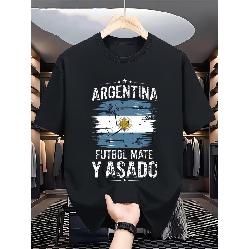 

European Size Creative Argentine Football Culture Slogan Distressed Print Men s Short-Sleeve T-Shirt, Loose Fit and Breathable, Versatile Daily Top 4XL