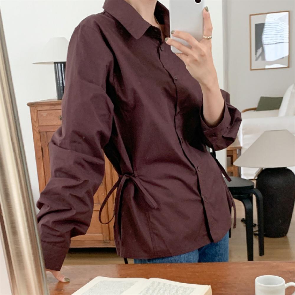 New Arrivals Open Run Women Ribbon Detail Cotton Collar Long Sleeve Shirt