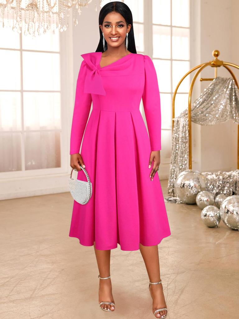 AOMEI Fuchsia Midi Dresses for Women Slant Neck Long Sleeve Lovely Bowtie Cocktail Wedding Gust Gowns