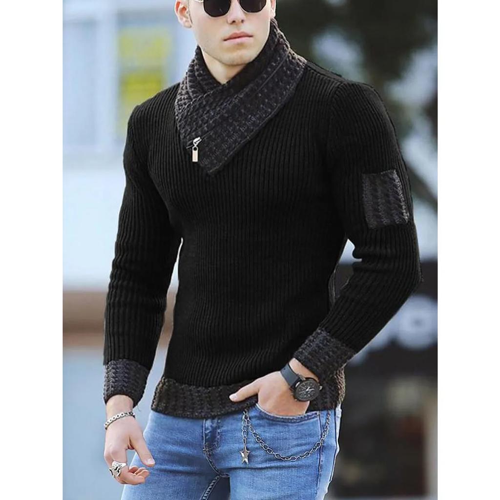 Men's Long Sleeve Pullover Knit Sweater Patchwork Scarf Neck Gentleman Slim Sweater