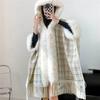Cloak Shawl Wool Jacket Women'S Winter Hooded Medium Long Fleece Thickened Versatile Plaid Fringed Cloak Coat