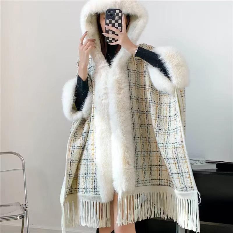 Cloak Shawl Wool Jacket Women'S Winter Hooded Medium Long Fleece Thickened Versatile Plaid Fringed Cloak Coat
