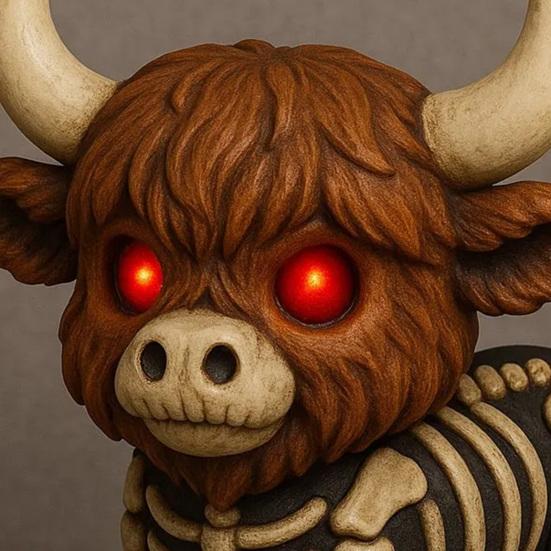 Halloween Skeleton Highland Cow Statue Spooky Red Eyes Highland Cattle Figurine Sculpture Home Office Desktop Decoration Ornament