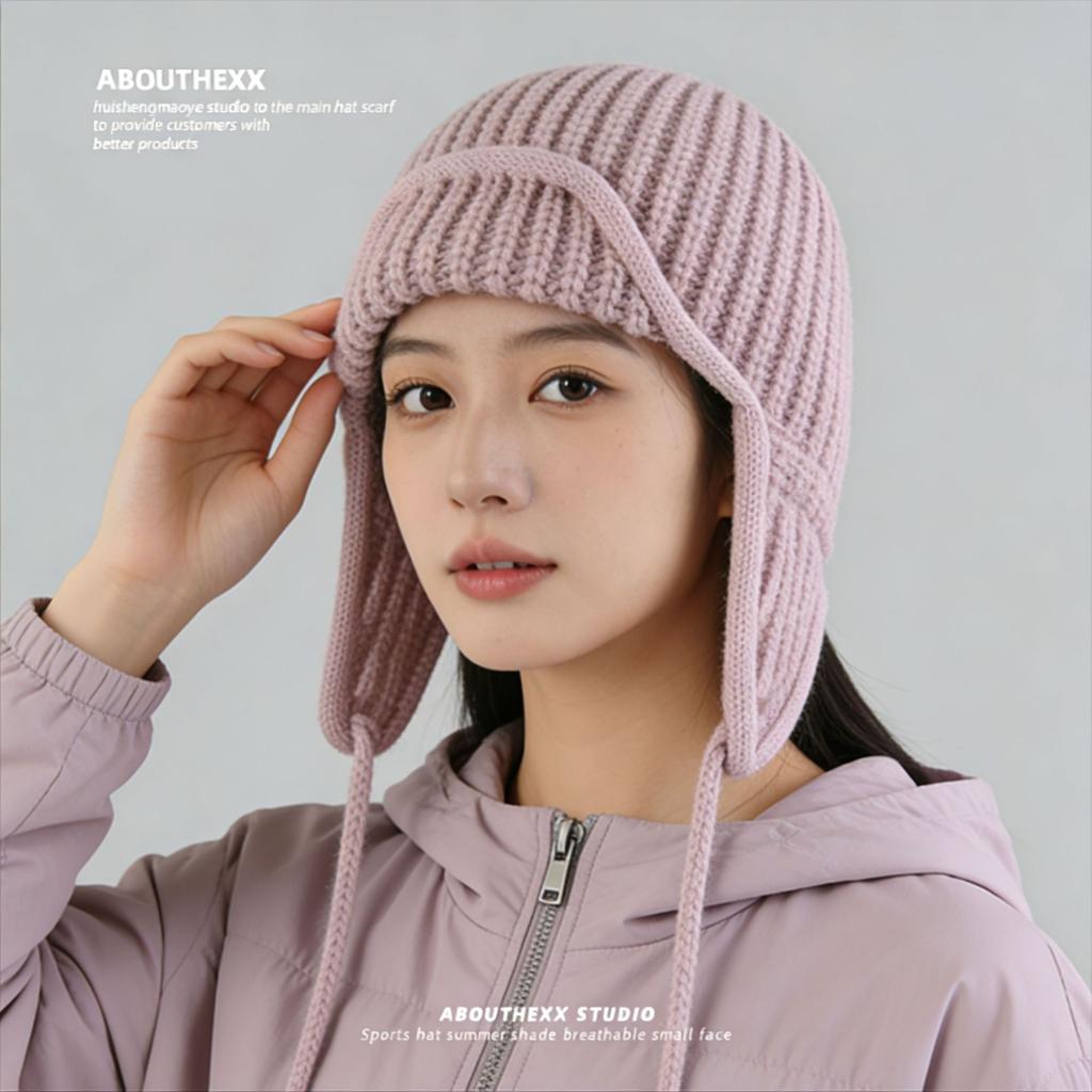 Autumn and winter pink knitted wool hat women's lace-up ear protectors flying hat warm versatile face small ski Lei Feng hat