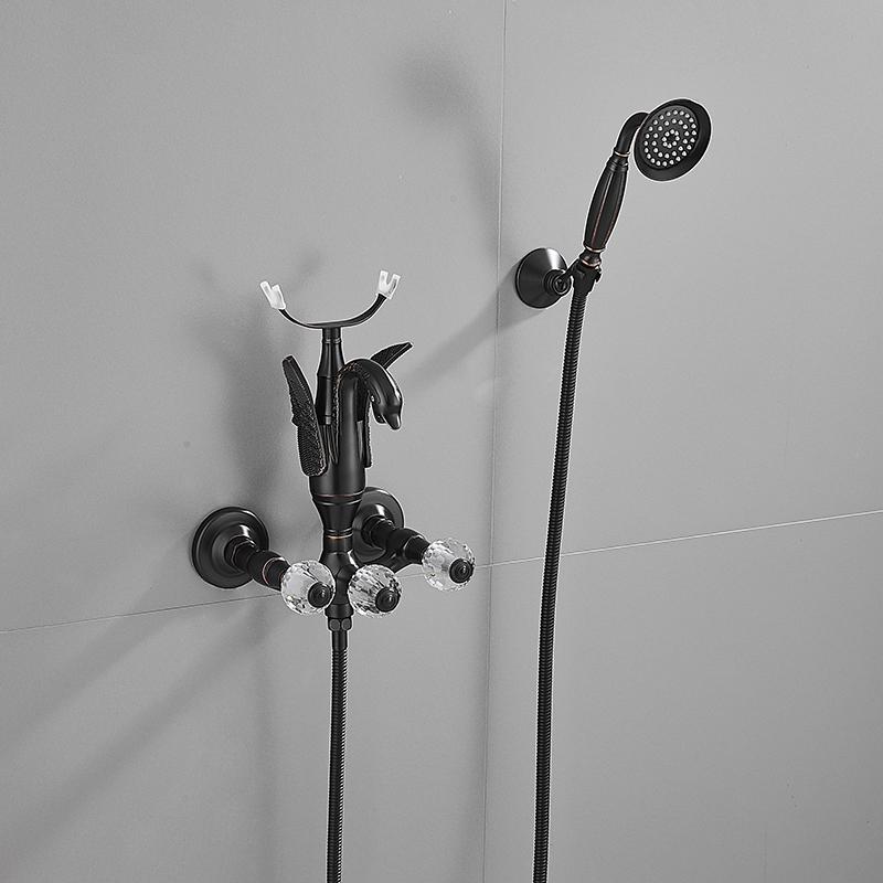 Set baterie pentru cadă și duș Tuqiu Baterie pentru cadă cu lebădă aurie montată pe perete, baie rece și fierbinte Baterie pentru baie și duș din alamă