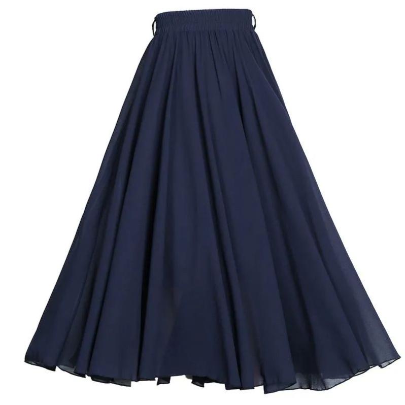 Chiffon Skirt Elastic Waistband Design Solid Color Women's High Waisted Dance Skirt Medium Length A-word Draping Long Skirt Commute Simple Casual