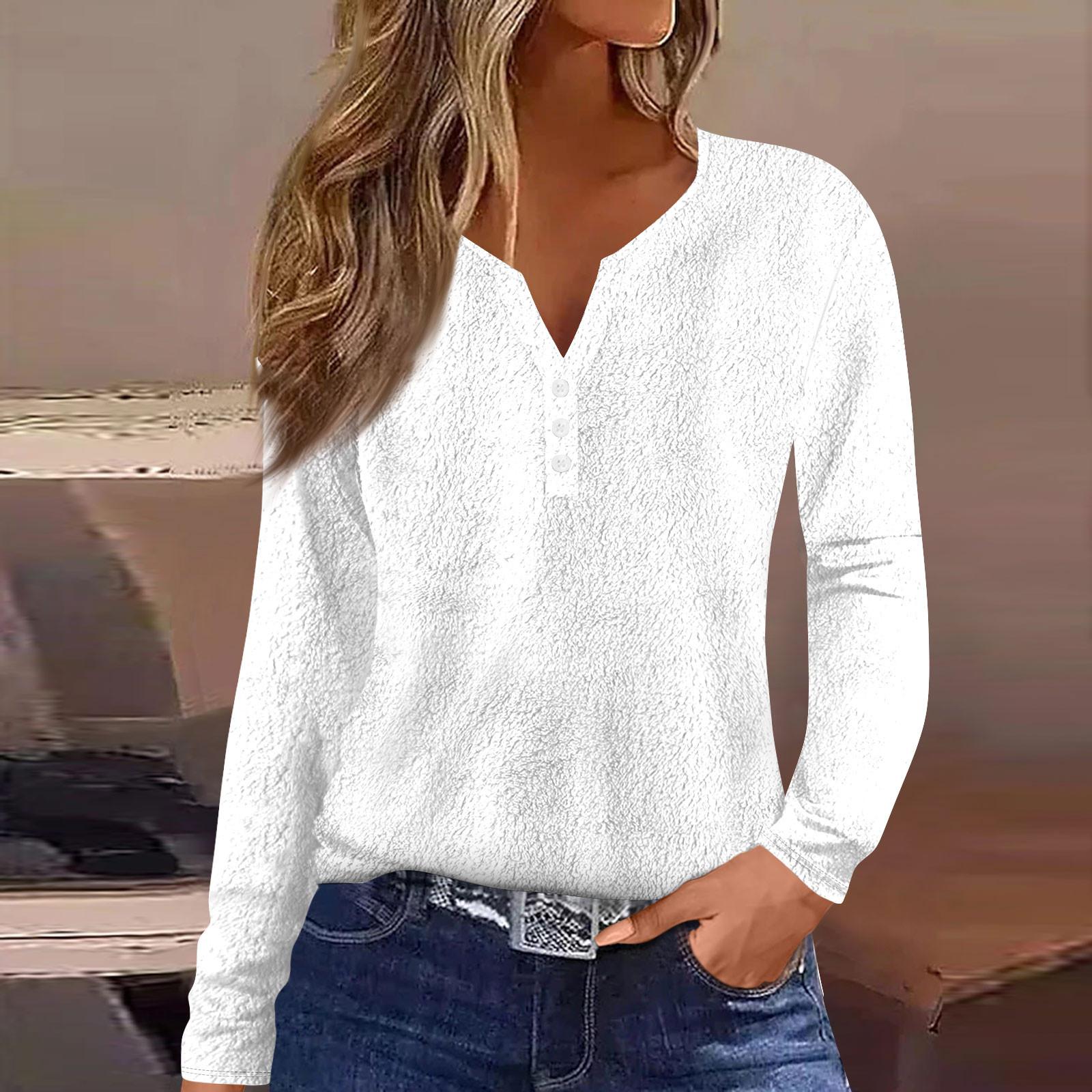 

Женская модная повседневная однотонная футболка с v-образным вырезом и длинным рукавом на пуговицах, топ XL белый