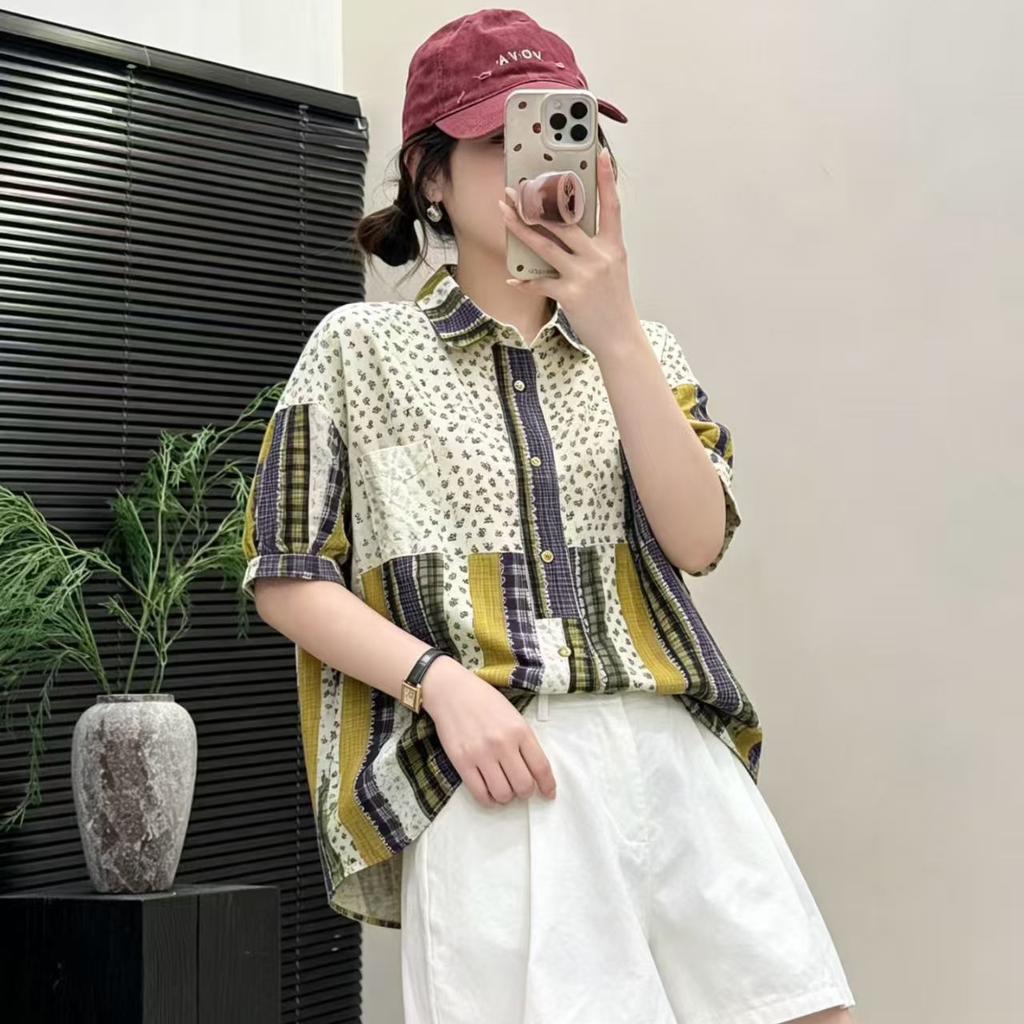 1116 Summer New Women's Lapel Japanese Cotton Shirt Loose Shirt Top Cardigan Painted Casual