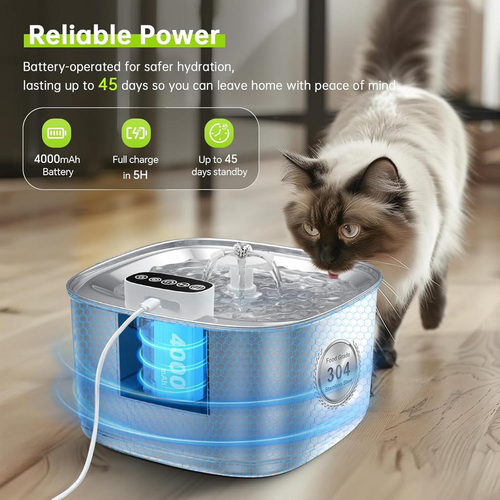 Wireless Cat Water Fountain Battery Operated, 108oz/3.2L Stainless Steel Automatic Pet Water Fountain for Cats & Dogs with Motion Sensor, Ultra Quiet