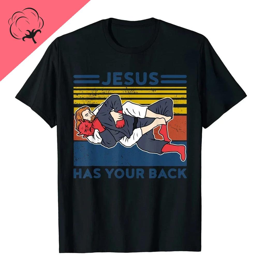New Men's Jesus Has Your Back Graphic T-shirt Judo Jujitsu Street Cotton Tees Tops Harajuku Pattern Short Sleeve Retro T-shirt