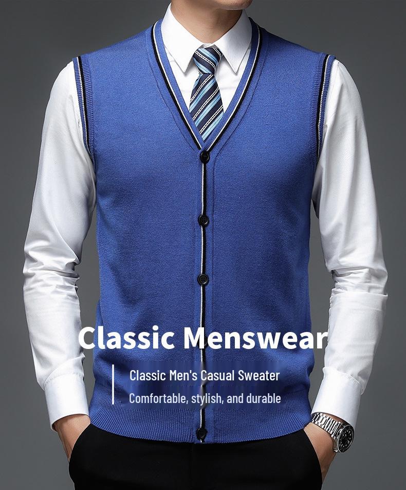 Vestă de lână cu gât în V pentru bărbați de vârstă mijlocie: Cardigan tricotat, Pulover fără mâneci din cașmir pur pentru toamnă și iarnă.