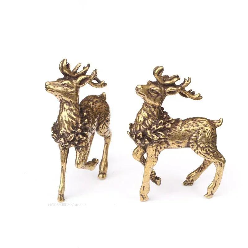 A Pair of Vintage Copper Deer Ornaments 2pcs Solid Brass Sika Deer Elk Living Room Ornaments Home Christmas Decoration