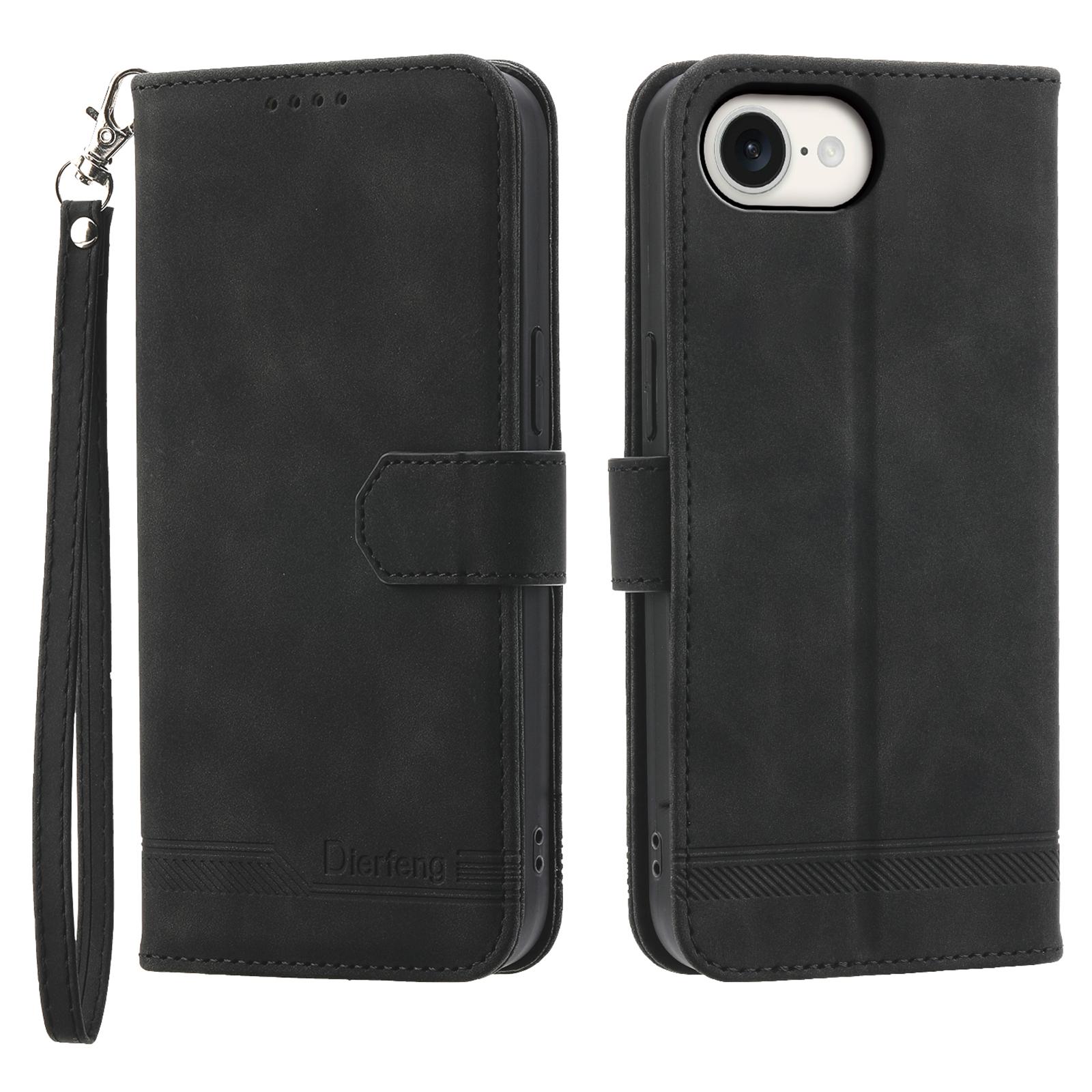 

DIERFENG DF-03 For iPhone 16e Wallet Cover Card Slot Lines Imprinted Phone Case Black