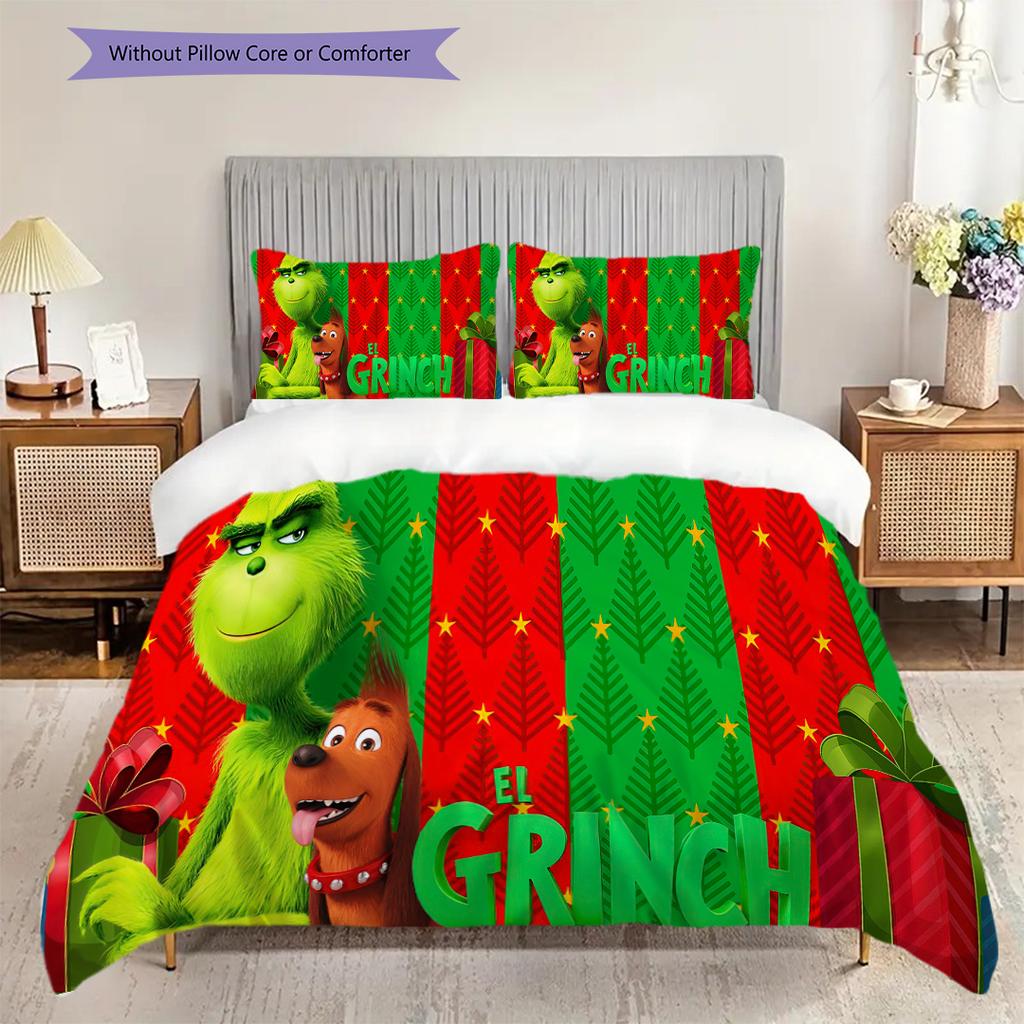 1 ST Grinch patroon Beddengoed Dekbed Set Dekbedovertrek Kussensloop Huisdecoratie Verjaardagscadeau (1 dekbedovertrek + 2 kussenslopen, zonder binnenkussen)